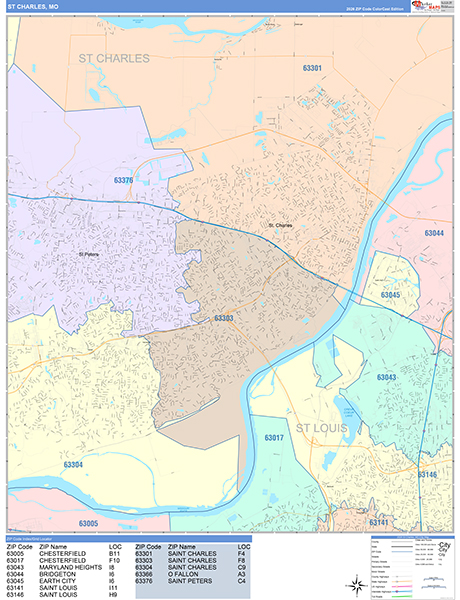 St. Charles City Wall Map Color Cast Style